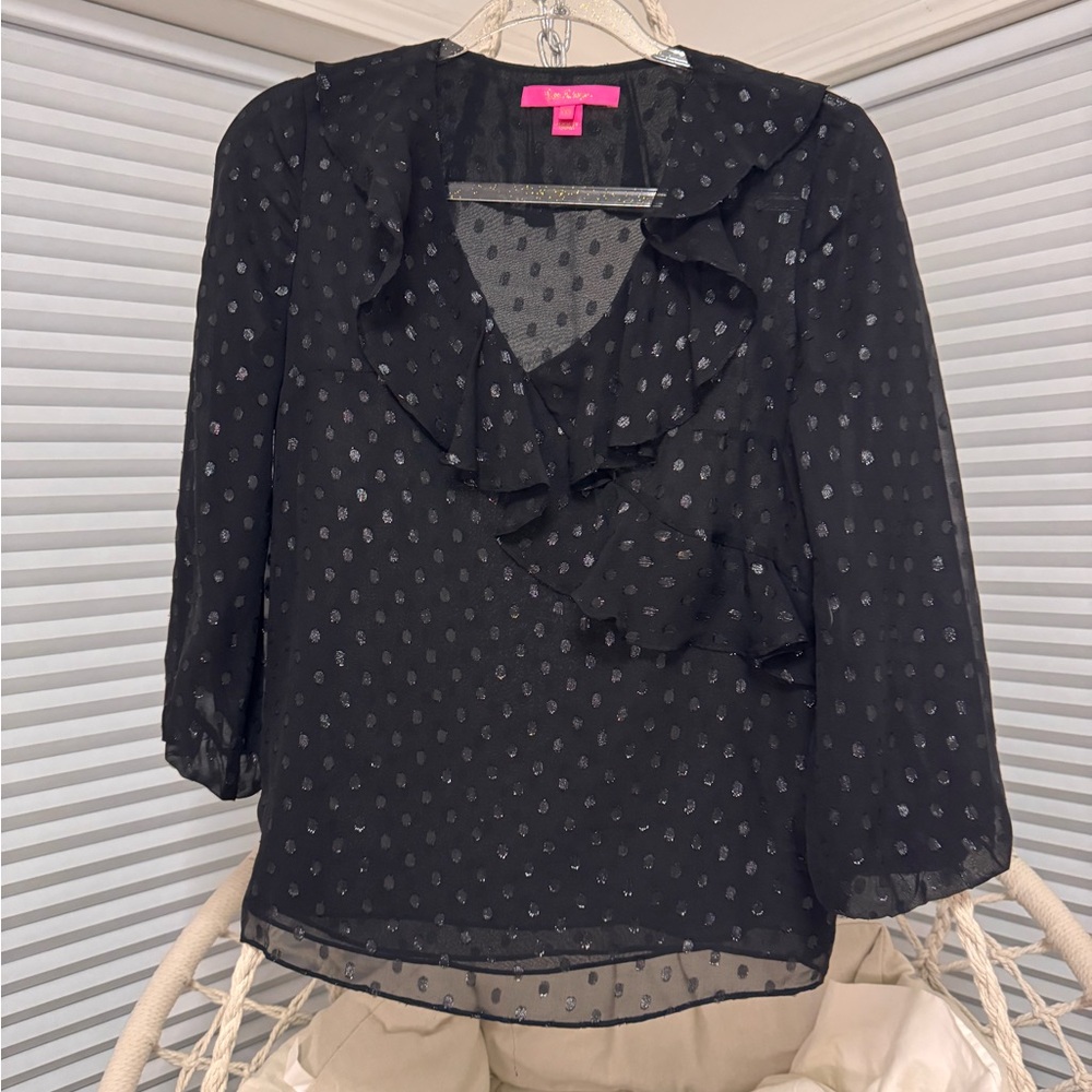 Lilly Pulitzer Black Polka Dot Ruffle Blouse